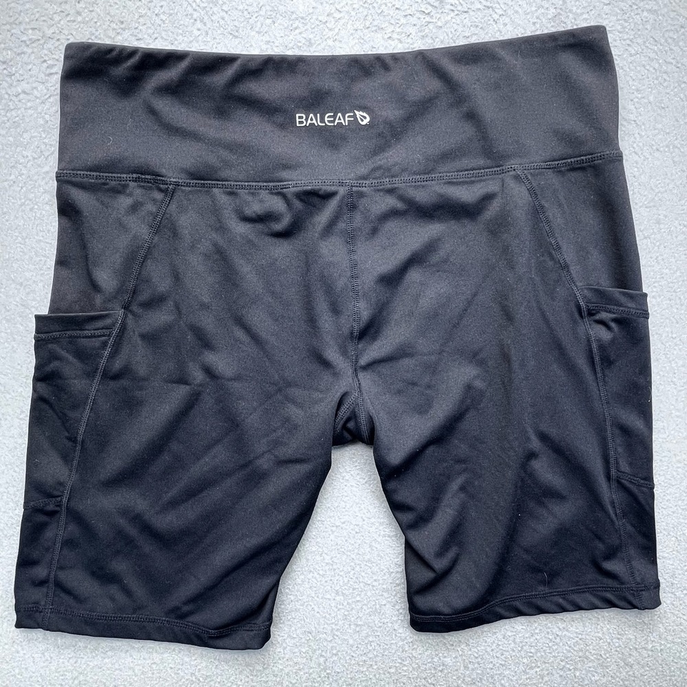 Baleaf Womens Black High Waisted Biker Shorts with Pockets Size XL Athletic Gym - Picture 2 of 9